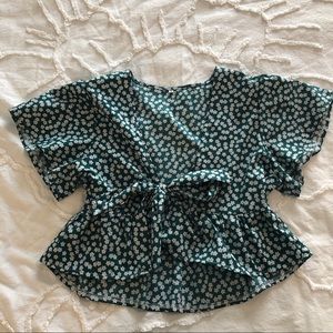 Shein green floral tie front top